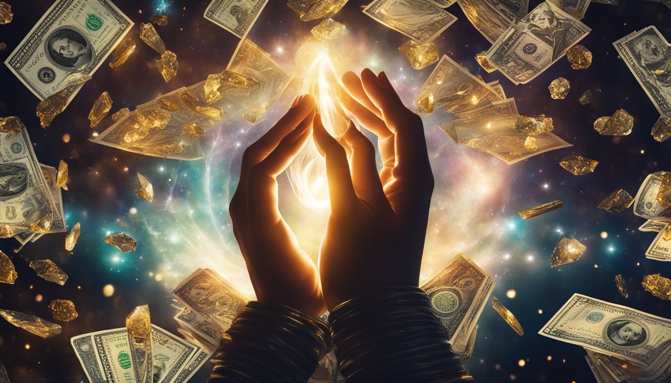 A stack of crisp dollar bills sits on top of a pile of spiritual items, such as crystals, incense, and tarot cards. The bills are surrounded by a halo of light, representing abundance and prosperity. A beam of light shines down from above, signifying the universe's support in manifesting financial success. In the background, silhouettes of hands are seen in various hand gestures commonly associated with meditation and manifestation practices.