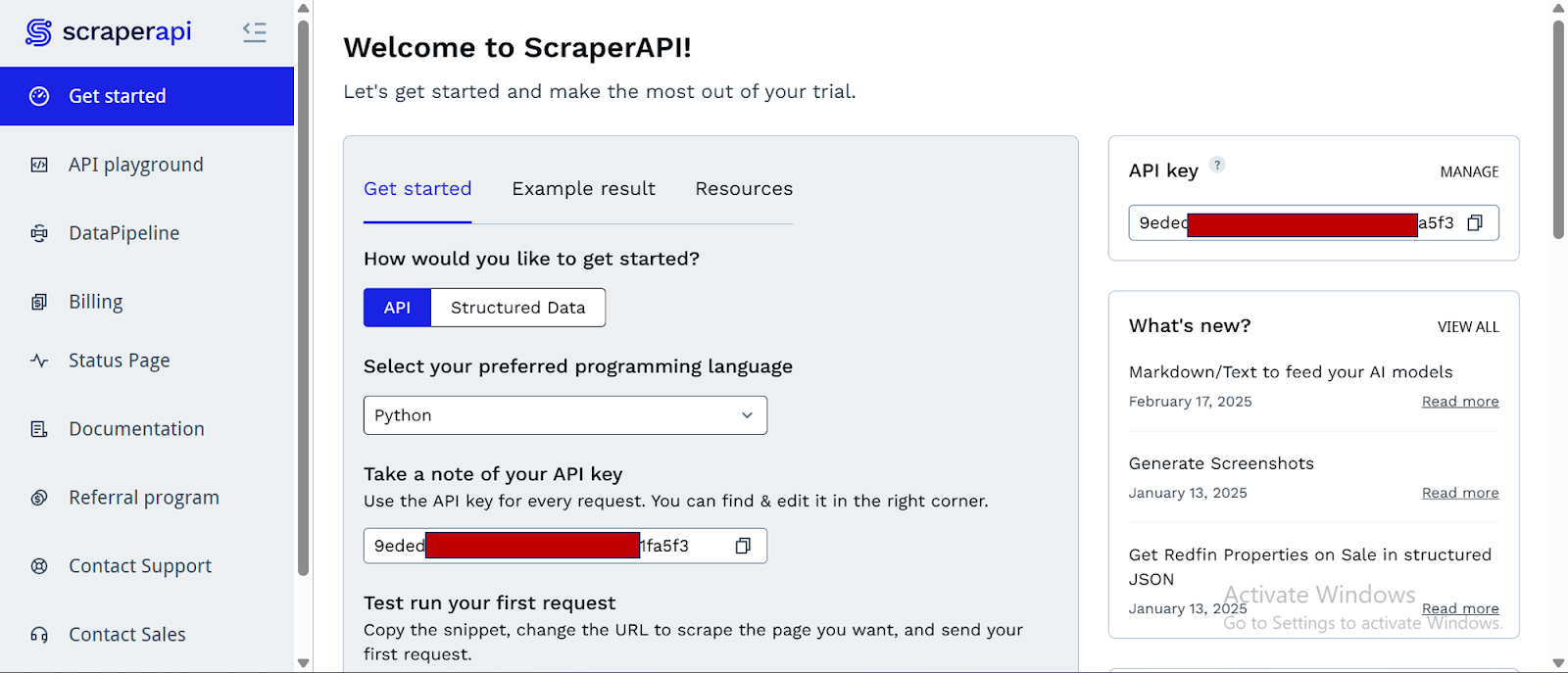 ScraperAPI dashboard with API key, access to 5000 API credits