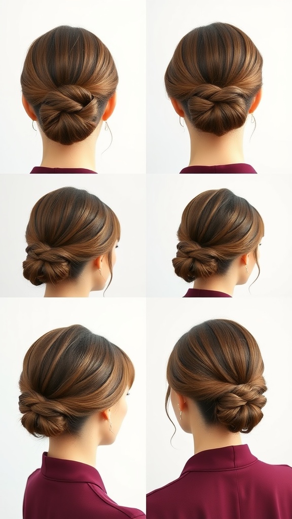 A collection of elegant twist hairstyles with side bangs for cabin crew.