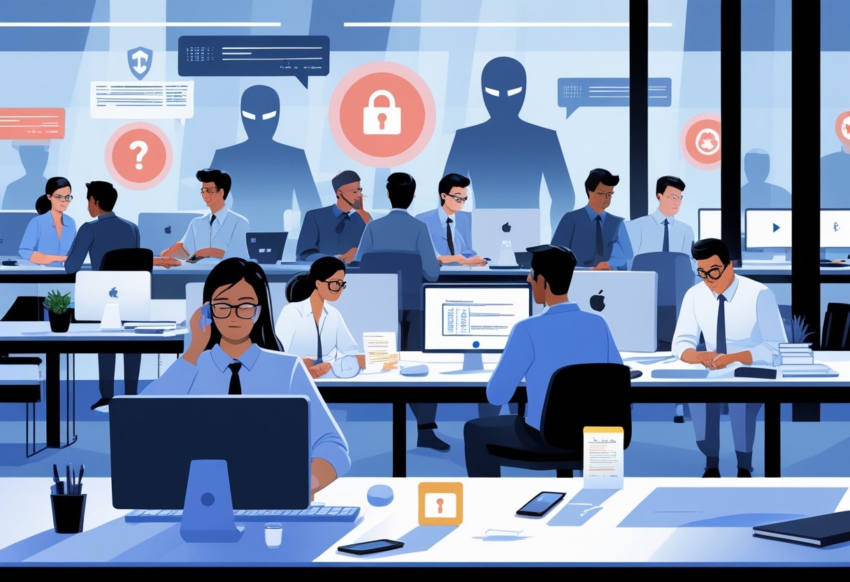 An office scene showing employees working at computers with signs of distraction and potential security risks, including digital warning icons and subtle hacker imagery in the background.