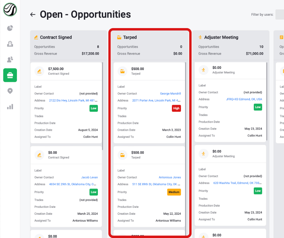 Opportunity Pipeline example from the HailTrace app. "Tarped" is highlighted as a step for when A Hurricane Is Coming!