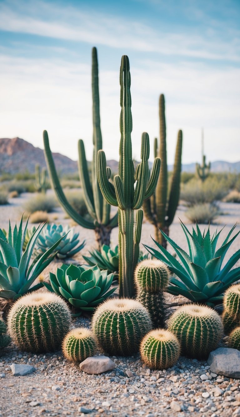 A variety of cacti and succulents arranged in a desert landscape with gravel, rocks, and minimal greenery