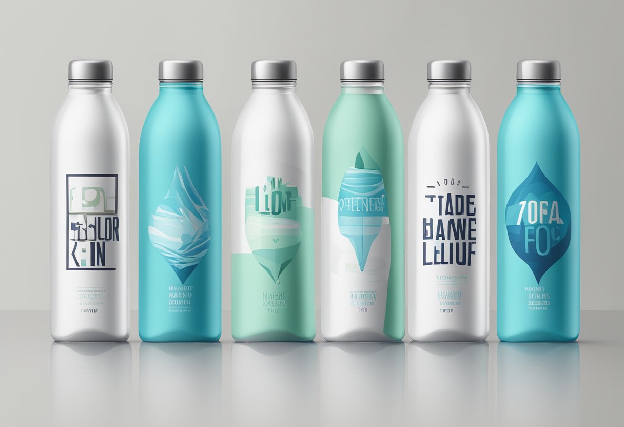 Water bottles with bold, modern fonts stand out on a clean, minimalist background. The text wraps around the bottle, creating a dynamic and eye-catching design