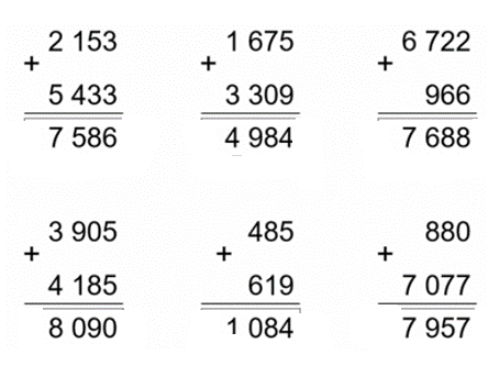 BÀI 4.PHÉP CỘNG CÁC SỐ TRONG PHẠM VI 10 000THỰC HÀNHBài 1: Đặt tính rồi tính 2 153 + 5 433                          1 675 + 3 309                           6 722 + 9663 905 + 4 185                          465 + 619                                 880 + 7 077Đáp án chuẩn:LUYỆN TẬP