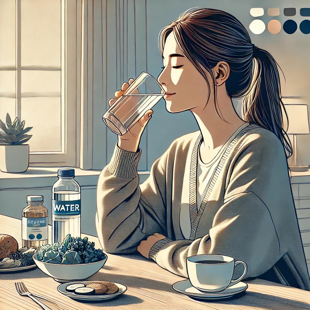 An illustration of a person sitting at a table, drinking water.