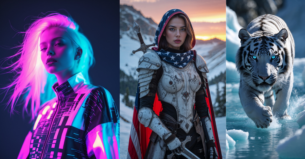 A digital collage of three AI-generated images featuring a futuristic neon-lit woman, a warrior in medieval armor with an American flag motif, and a majestic white tiger with glowing blue eyes running across an icy landscape.