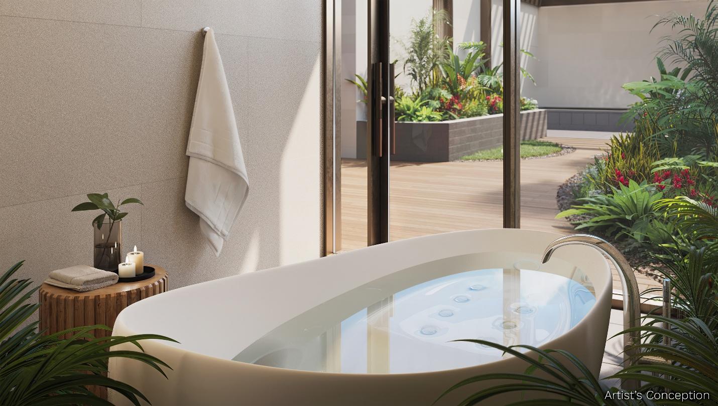 A bathtub with water in the middle of a bathroom

AI-generated content may be incorrect.