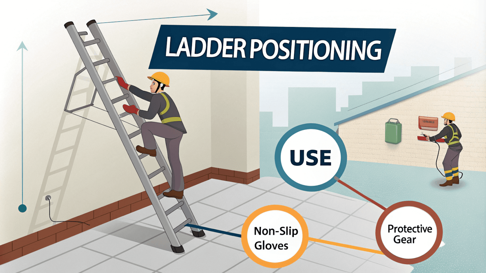 Diagram showing proper ladder positioning and use