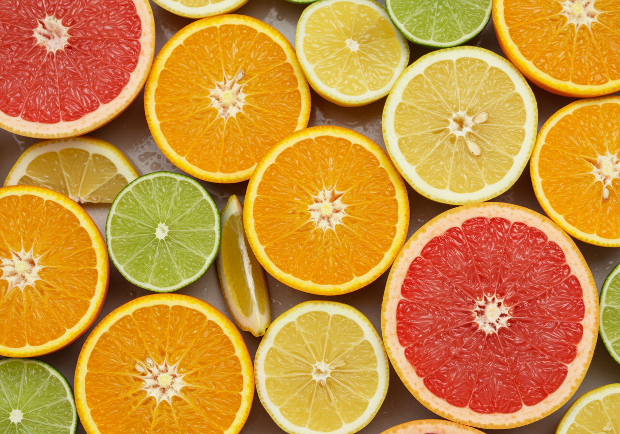 A photorealistic shot capturing a vibrant assortment of citrus fruits including oranges, lemons, limes, and grapefruits, cut in halves to show their juicy interiors, arranged on a light-colored surface with water droplets for freshness.