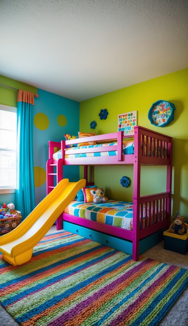 A colorful bunk bed with an attached slide stands in the center of a vibrant kids' bedroom, surrounded by playful decor and toys