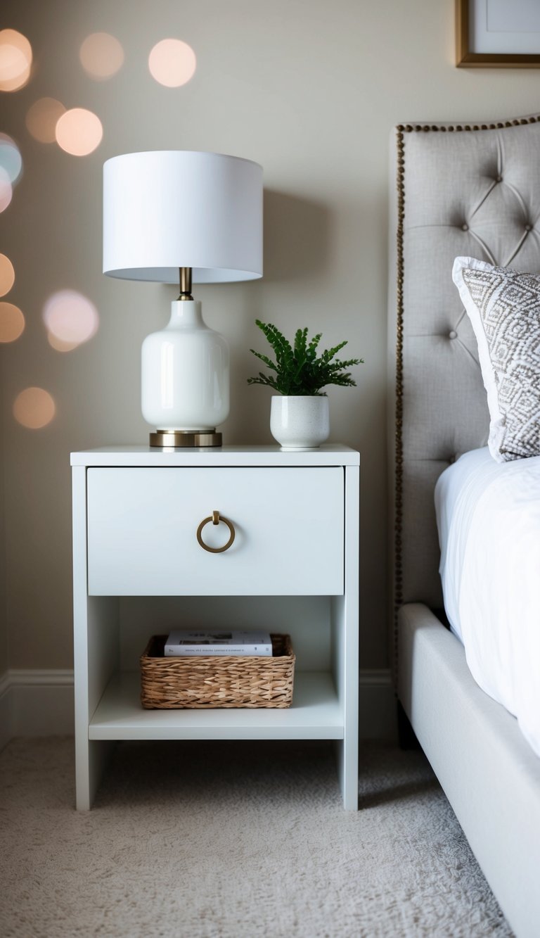 A clean, white nightstand with a lamp and a small plant