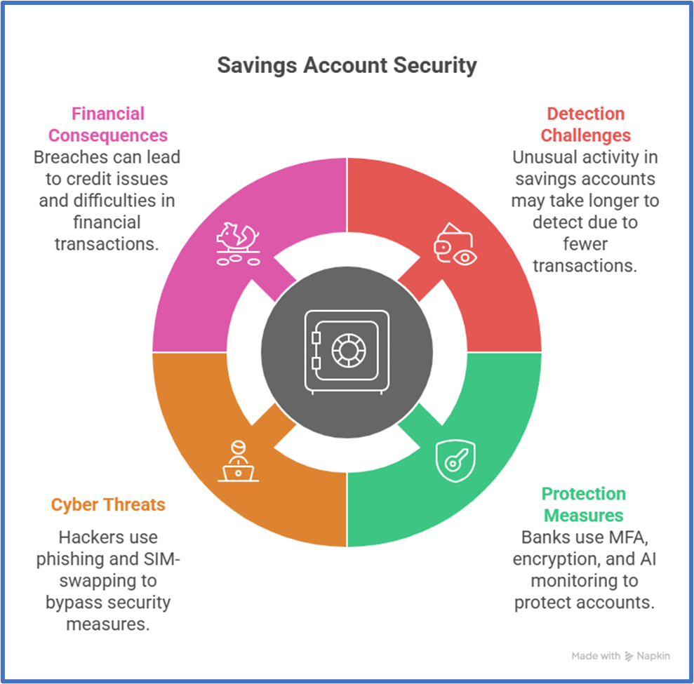 Circular chart showing savings account risks like cyber threats, detection issues, and security measures