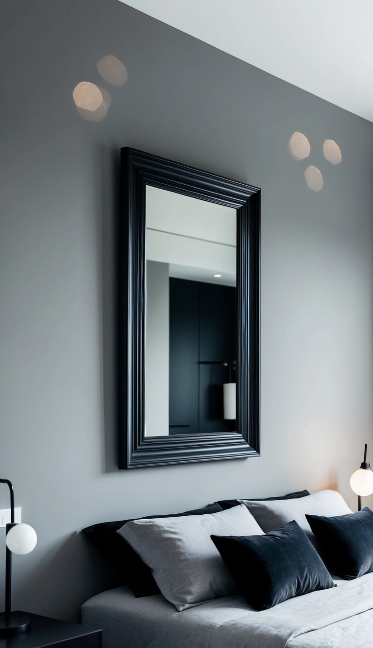 A black framed mirror hangs above a sleek gray and black bedroom with minimalist decor and modern furniture