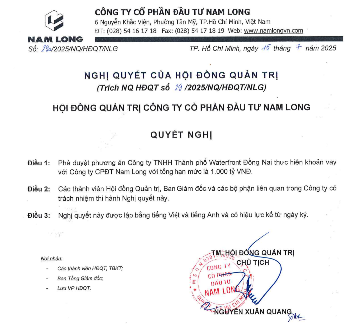Nghị quyết của Hội đồng Quản trị, chính thức phê duyệt phương án cho Công ty TNHH Thành phố Waterfront Đồng Nai thực hiện khoản vay (Nguồn: NLG)
