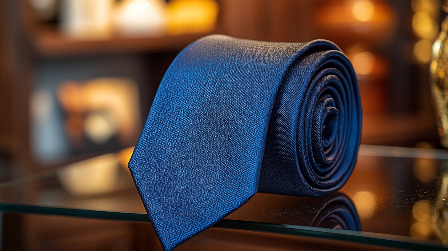 A neatly folded navy blue tie resting on a glass shelf, its smooth fabric catching gentle lighting. The deep hue exudes sophistication and charm.