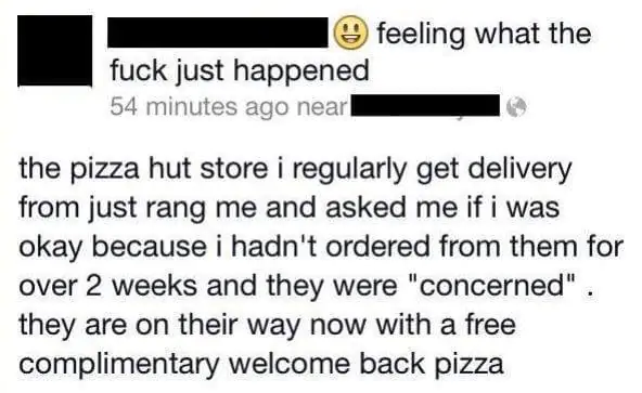 Social post explaining that pizza ut sent the customer a free pizza