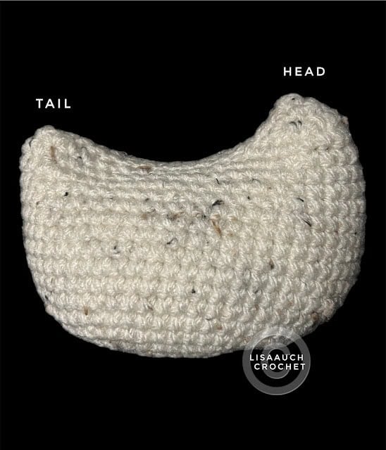 showing the Crochet Chicken how to find the head and tail placement - the free chicken crochet pattern is on this page by lisaauch crochet 