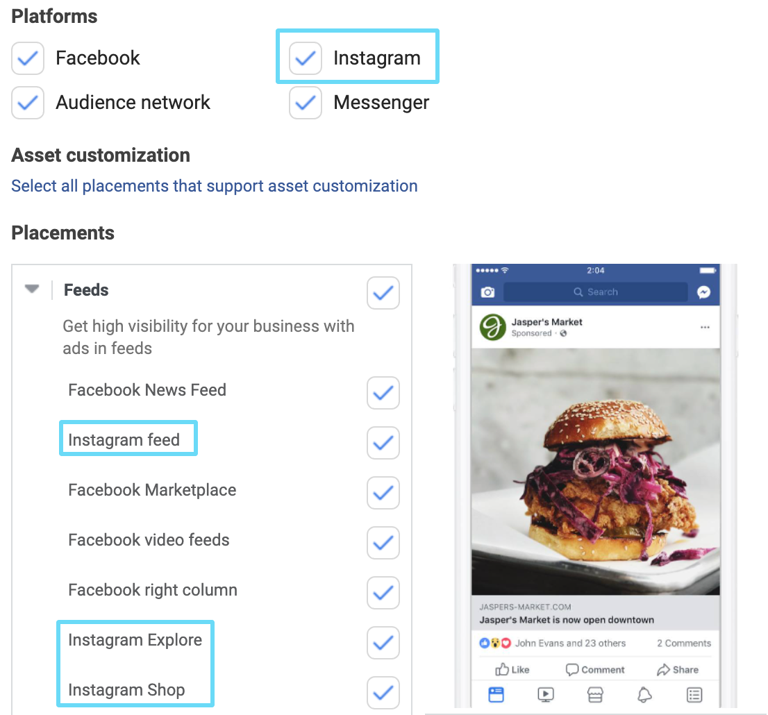 Instagram placements within Facebook Ad Manager