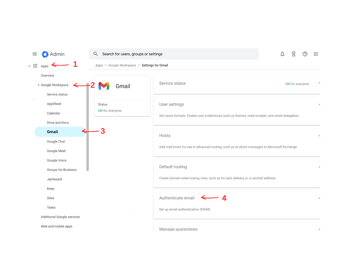 Google Worksplace Admin panel: Apps > Gmail