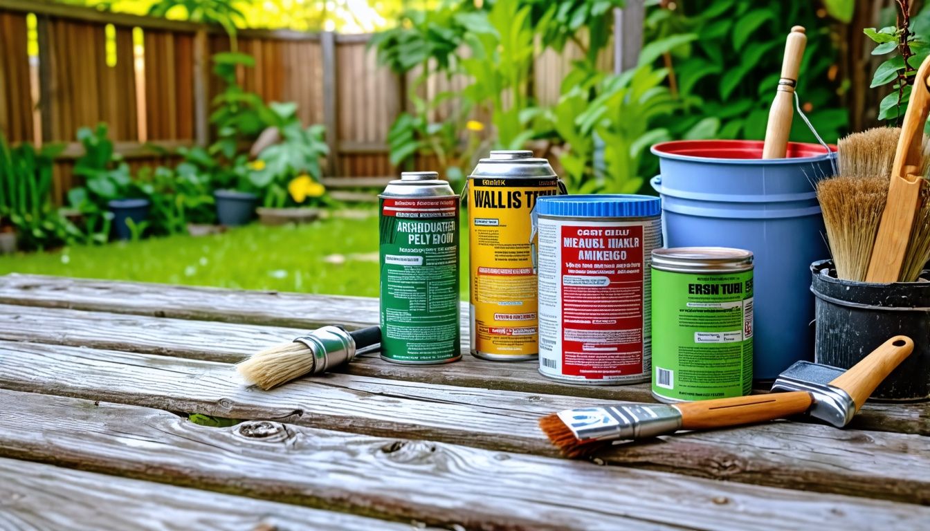 A weathered wooden deck in need of repairs with tools and materials.