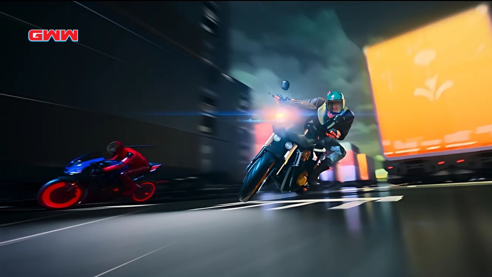 Motorcyclist speeds through futuristic city, pursued by another biker in red.