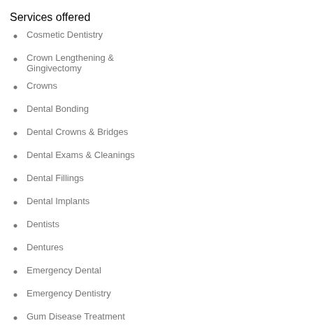 List of services in a Bing Places profile.