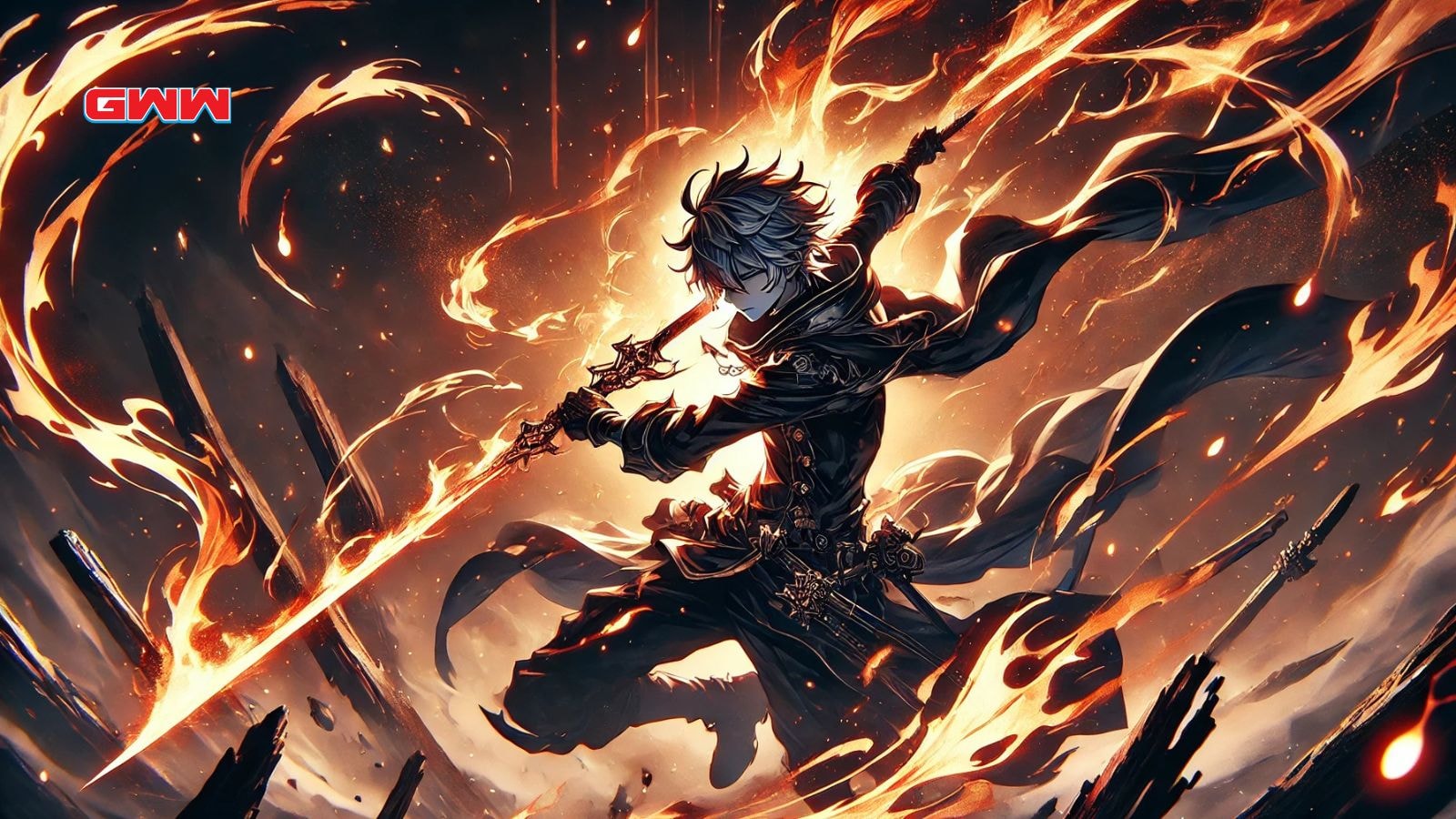 A dynamic warrior holding a flaming sword in an intense battle stance.