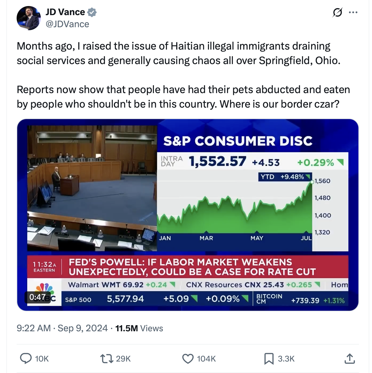 A post on the platform X by JD Vance, sharing about reports of pets being adbuted and eaten by "people who shouldn't be in this country".
