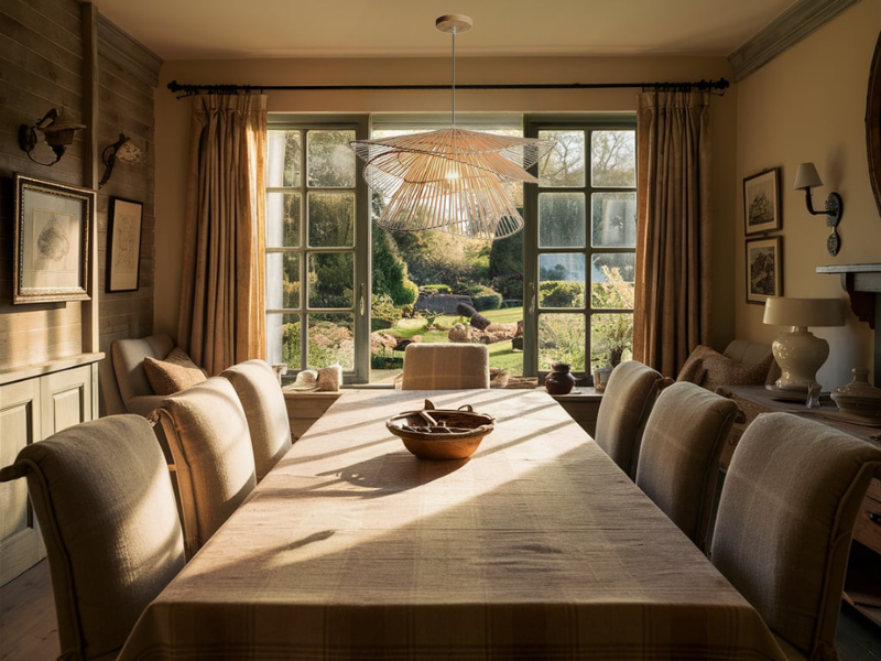 A dining room with pendant lighting as a focal point, creating a warm ambiance, enhancing aesthetics, and blending with layered lighting for a balanced, inviting space.