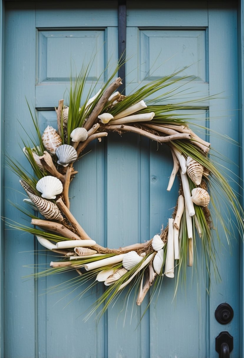 A coastal wreath made of seashells, driftwood, and beach grass, hanging on a weathered wooden door