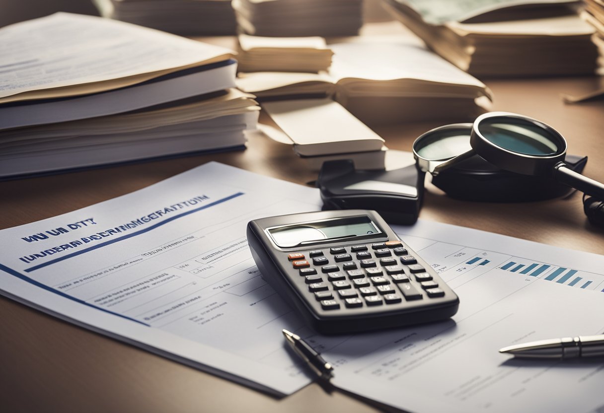 A stack of property documents with a magnifying glass and calculator on a desk, surrounded by legal books and papers. A sign displaying "Understanding Stamp Duty and Property Registration Charges in Noida, Greater Noida" hangs on the wall