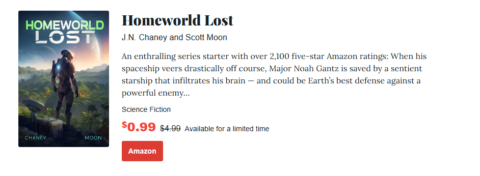 A screenshot of homeworld lost book one of  BookBub Science Fiction Deals