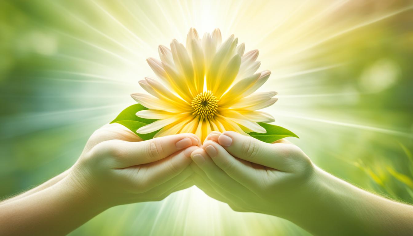 A pair of hands gently holding a blooming flower, with a warm and radiant glow emanating from the center of the flower. The hands are slightly cupped and appear soft and caring, conveying a sense of gratitude for the beauty and wonder of nature. The background is blurred but still visible, with muted shades of greens and browns to represent a natural outdoor setting.