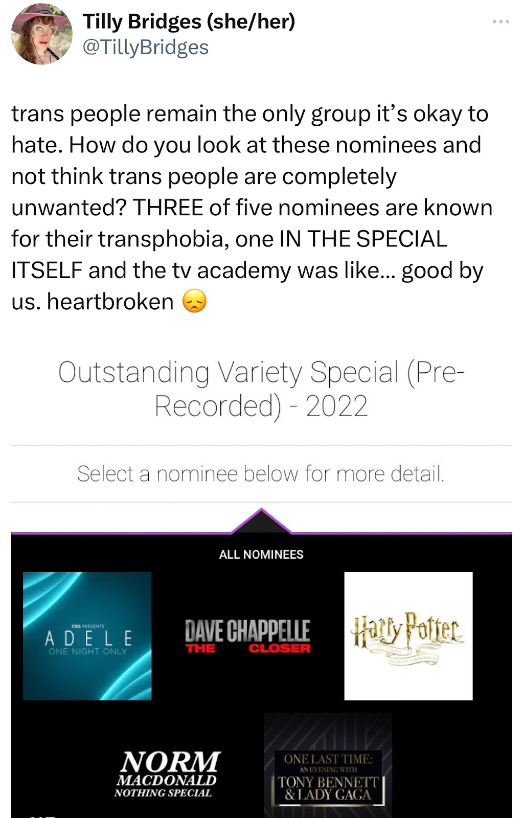 A social media post I made that reads: trans people remain the only group it’s okay to hate. How do you look at these nominees and not think trans people are completely unwanted? THREE of five nominees are known for their transphobia, one IN THE SPECIAL ITSELF and the tv academy was like… good by us. Heartbroken [sad emoji]
And that included an image for the Outstanding Variety Special (Pre-Recorded) category in the 2022 Emmy Awards, showing the nominees were Adele: One Night Only, Dave Chappelle: The Closer, Harry Potter, Norm Macdonald: Nothing Special, and One Last Time: Tony Bennett and Lady Gaga