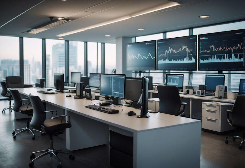 A modern, clean office setting with a sleek POS system at the center. Charts and graphs display financial data on the walls, emphasizing transparency and efficiency in financial management