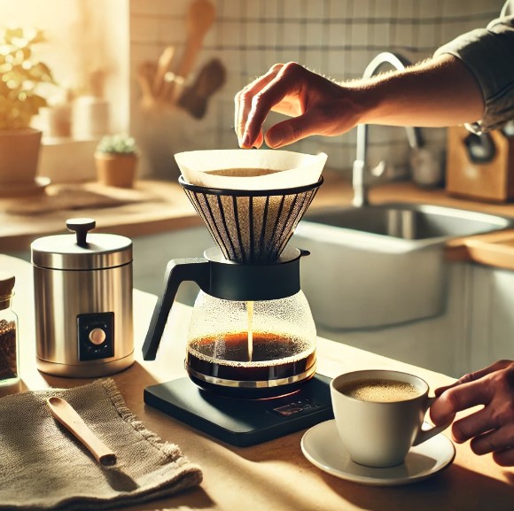 a person pouring coffee into a coffee pot