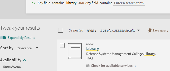 Screenshot of UIS Library Search system showing "expand my results" feature 