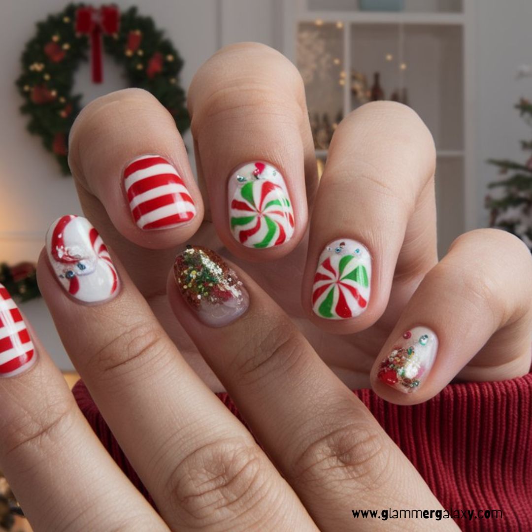 Christmas holiday Nails having Sweet Christmas Candy Nails
