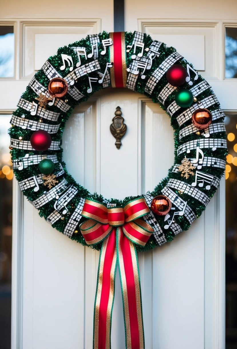 A wreath made entirely of musical notes, adorned with festive ribbons and ornaments, hangs on a door