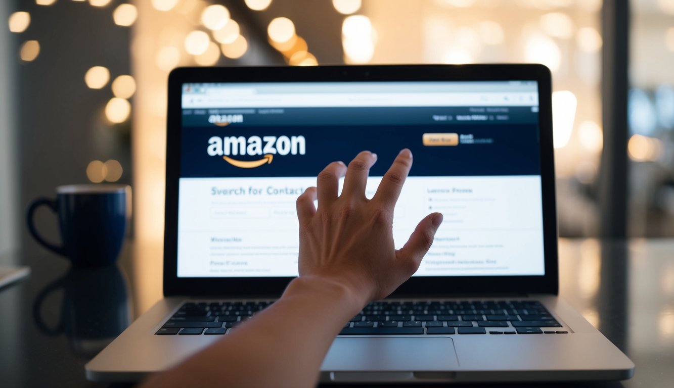 A hand reaching out towards a computer screen with the Amazon website open, searching for a seller's contact information