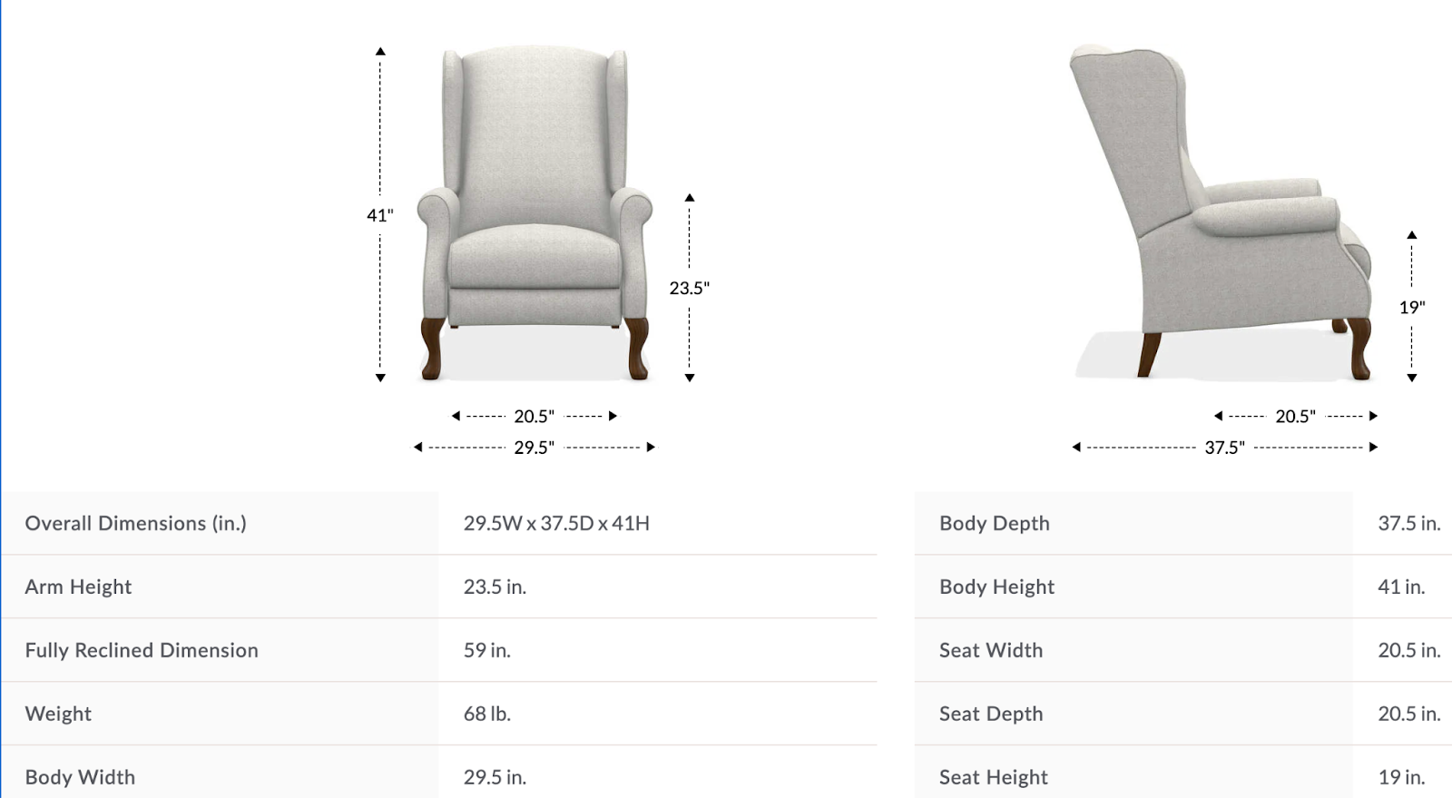 kimberly high leg recliner size and dimensions