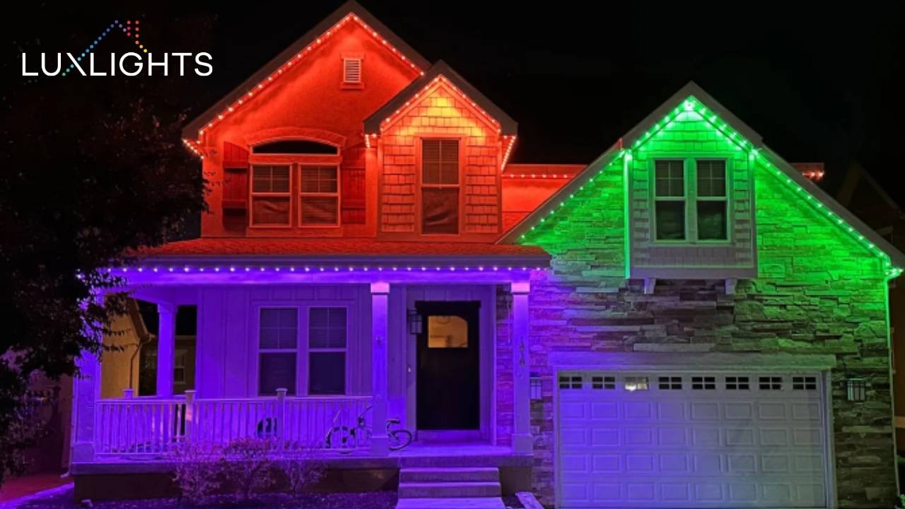 orange, purple, and green permanent outdoor lights