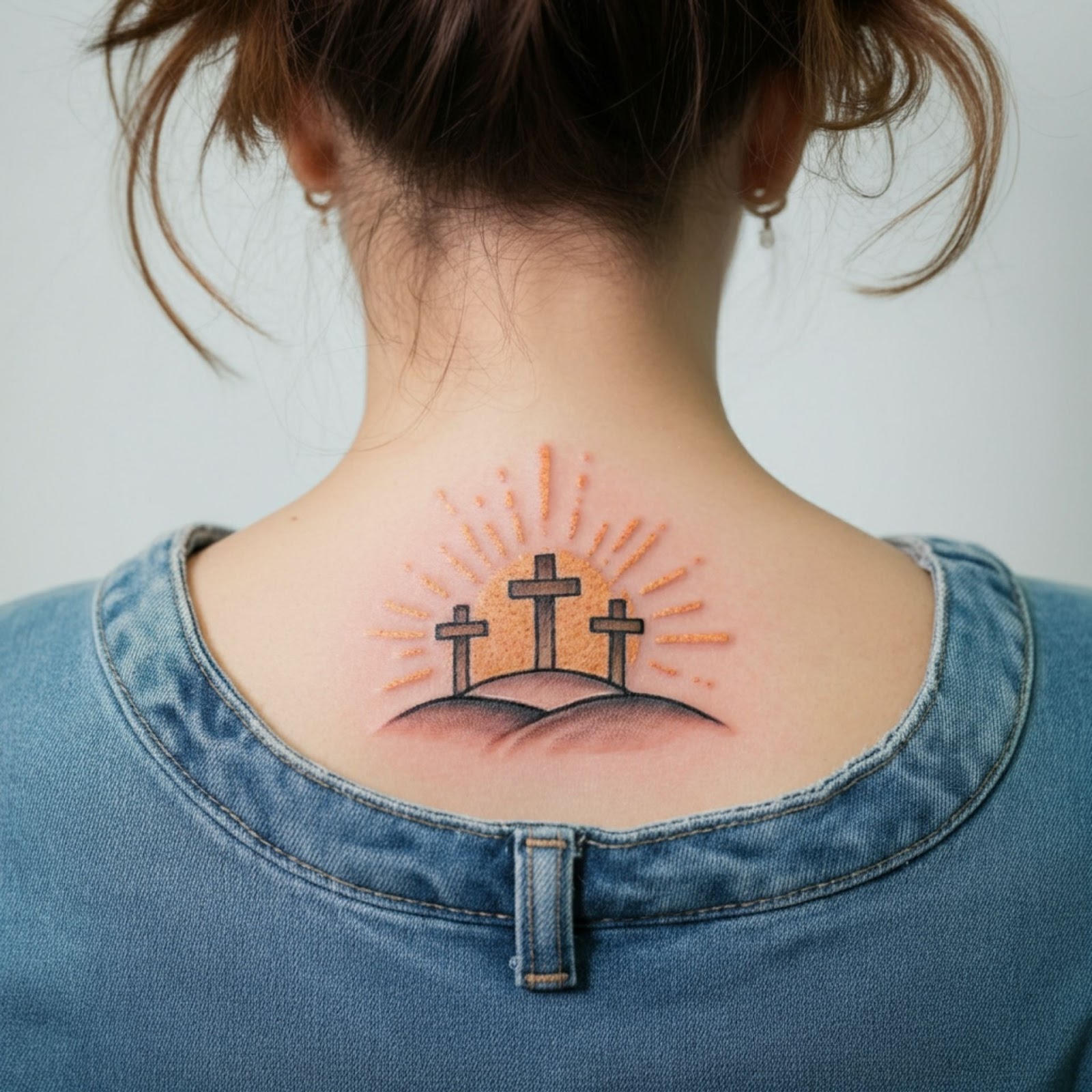 Three Crosses on Hill with Rays of Sunlight Tattoo