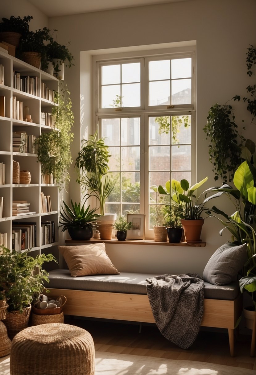 A sunlit bedroom with a cozy window seat, adorned with plush cushions and throw blankets. A bookshelf lines the wall, with potted plants and soft lighting creating a warm and inviting atmosphere