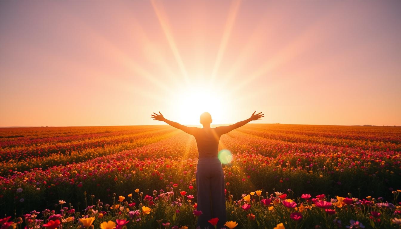 A glowing sun rising over a field of colorful flowers, with beams of light radiating outwards. A person stands on the edge of the field, arms outstretched and eyes closed, feeling gratitude for the beauty and abundance of nature around them.