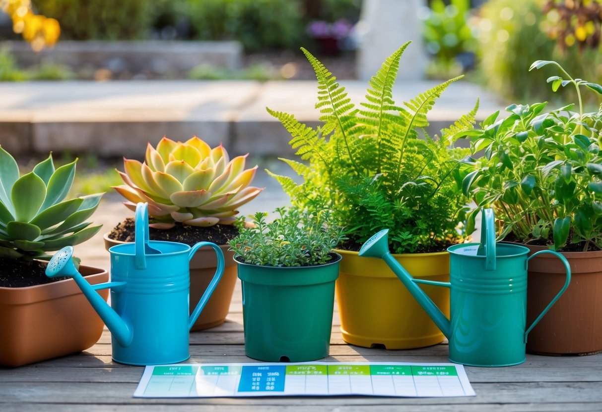 Different plant types in containers: succulents in a sunny spot, ferns in a shaded area, and herbs with well-drained soil. Watering cans and a watering schedule chart nearby