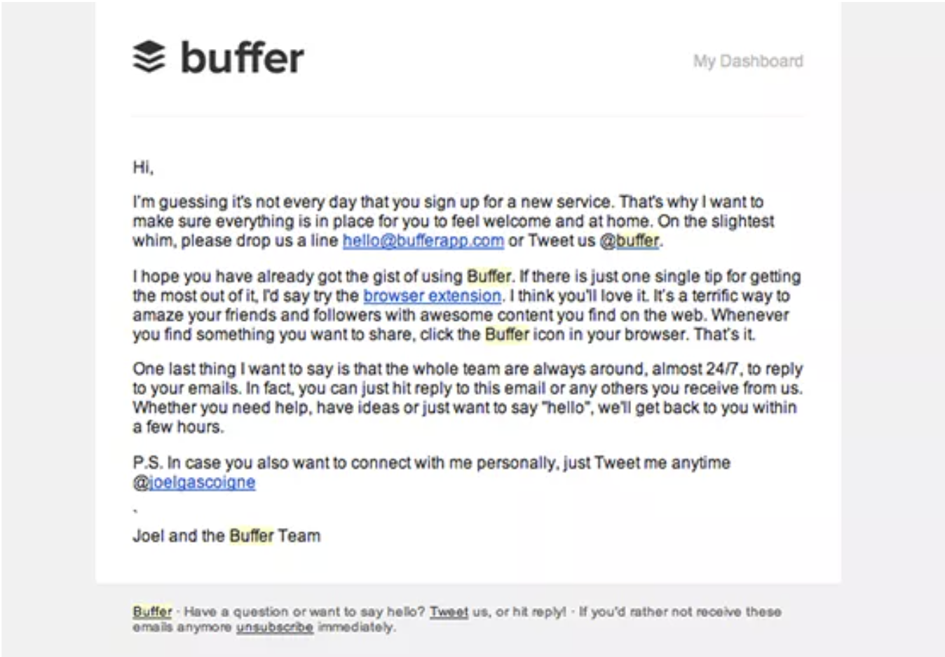 Buffer's welcome email for customers