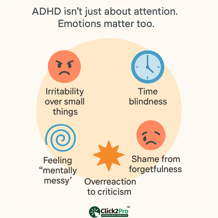 Emotional signs of adult ADHD including time blindness, irritability, and shame