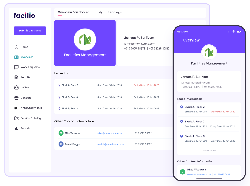 Facilio CMMS with service management alerts on its dashboard