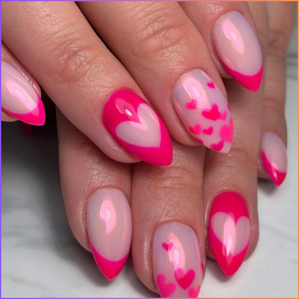 Close up of nails with simple pink nail designs having Pink Nails With Hearts